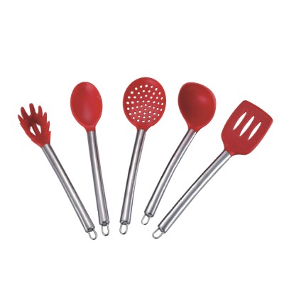 VEICA New Design BPA Free Healthy Stainless Steel Handle Kitchen Red Silicone Cooking Utensils Set